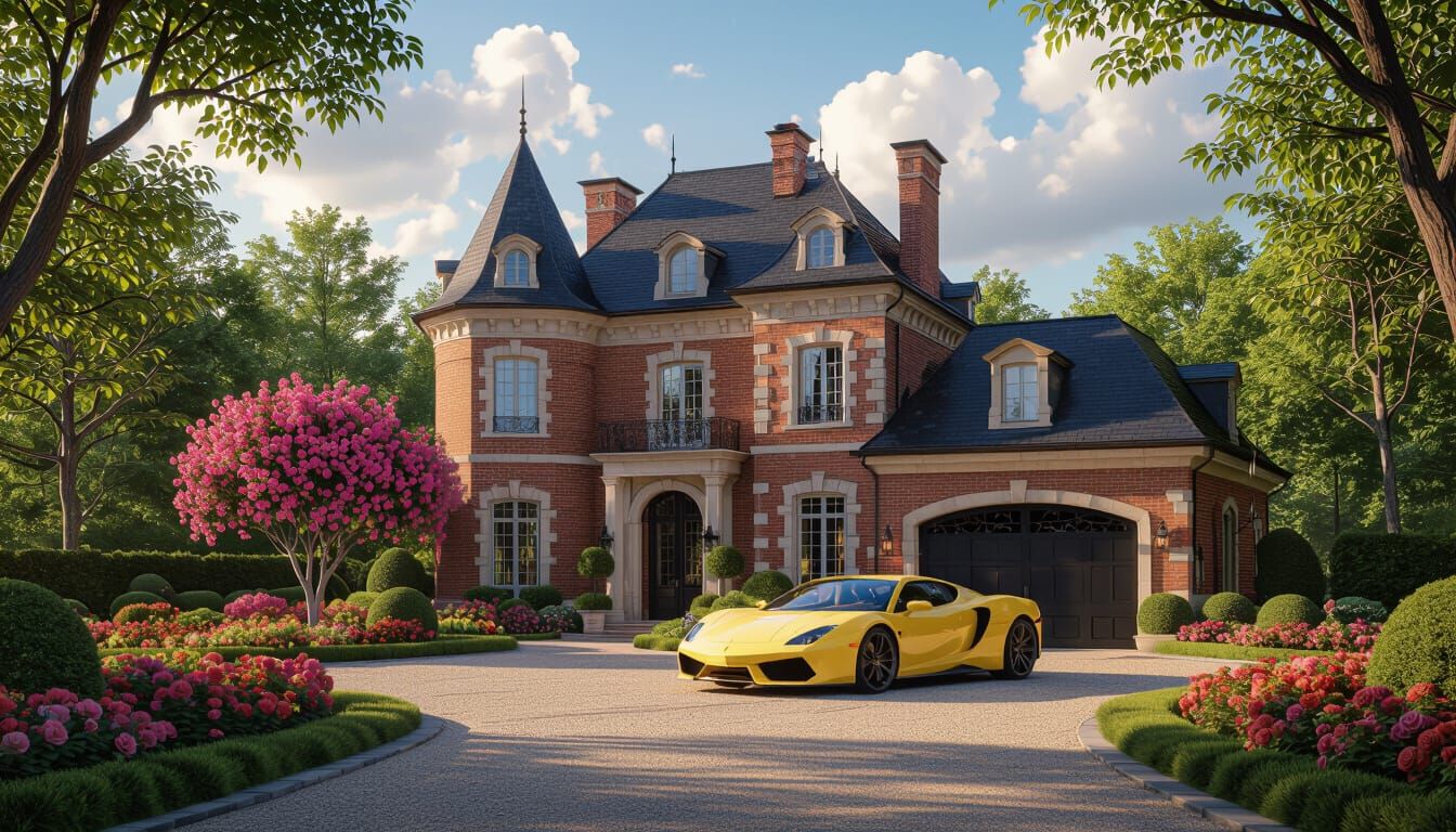 Grand Chateau with Yellow Sports Car in Golden Hour Light