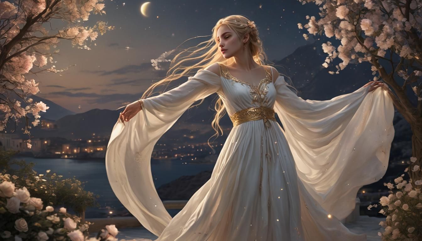 Elf Woman Dances Under Moonlight in Greek Clothes