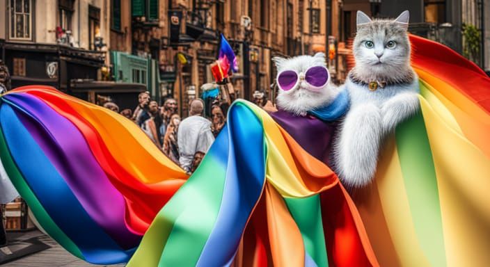 Anthropomorphic Cat at Pride Parade in Digital Painting