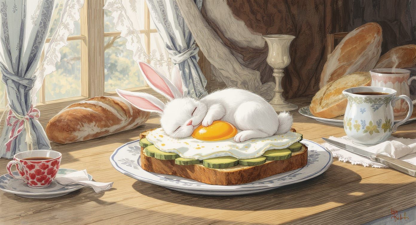 Tiny Bunny Rabbit Sleeps on Avocado Bed