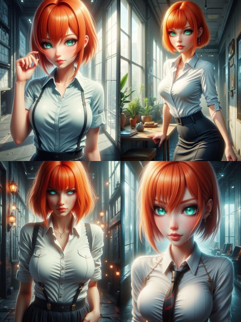 Office Lady with Orange Bob Hair in Anime Style