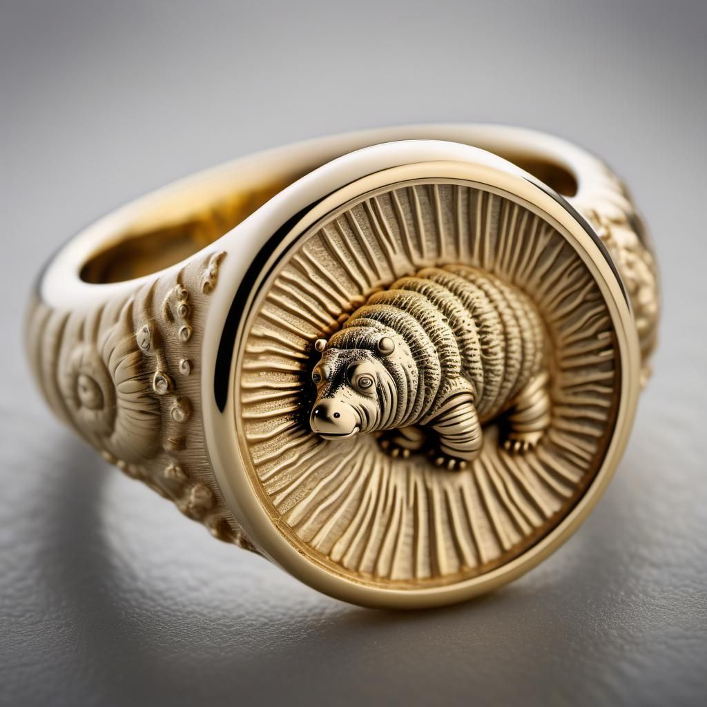 Gold signet ring featuring a motif of a tardigrade