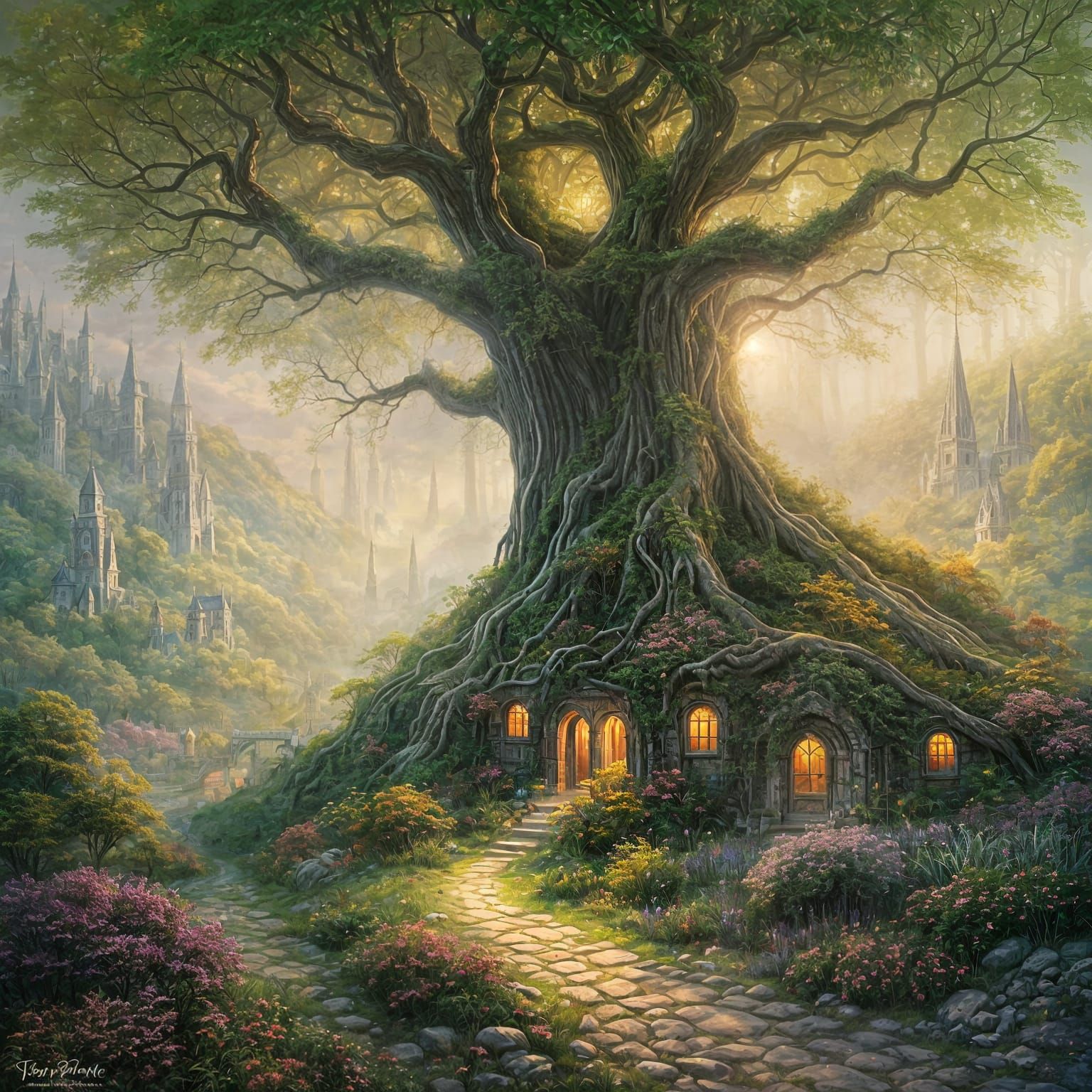 Ethereal Figures Wander Giant Glowing Tree Roots