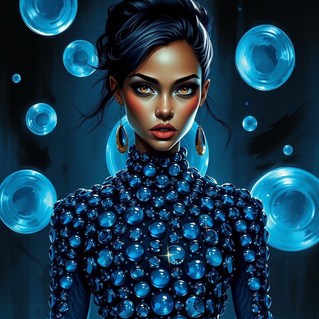 Woman in Blue Glass Dress with Punk Aesthetic