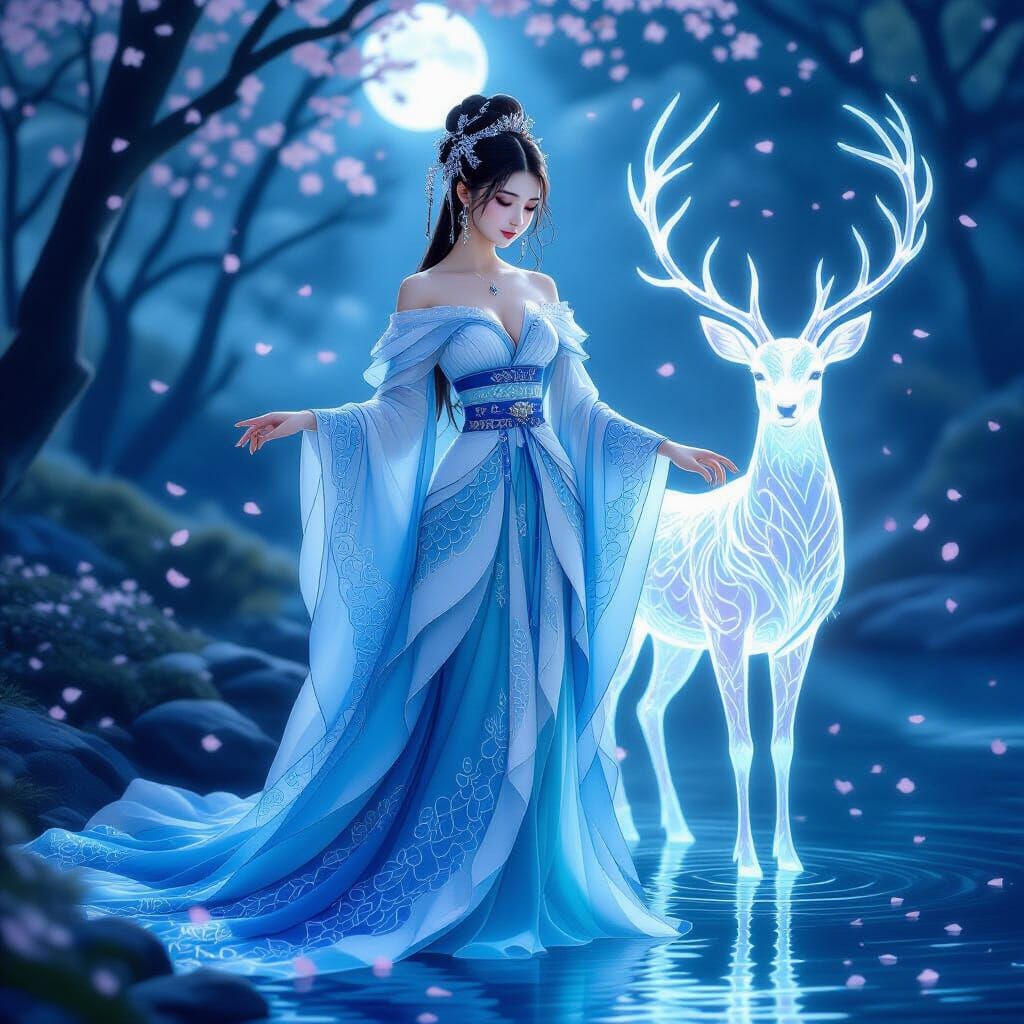 Mermaid Hanfu Girl with Starlight Deer in Moonlit Forest