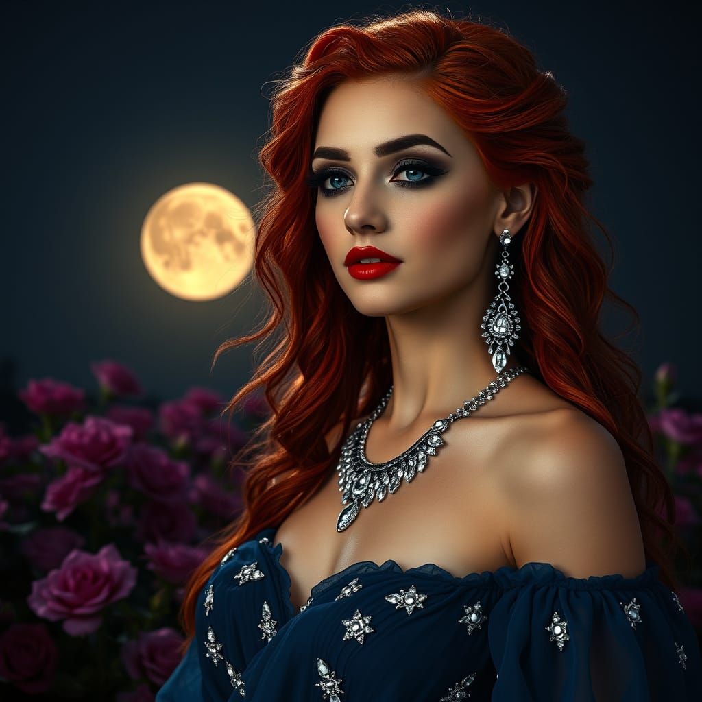 Ethereal Goddess in Moonlit Rose Garden