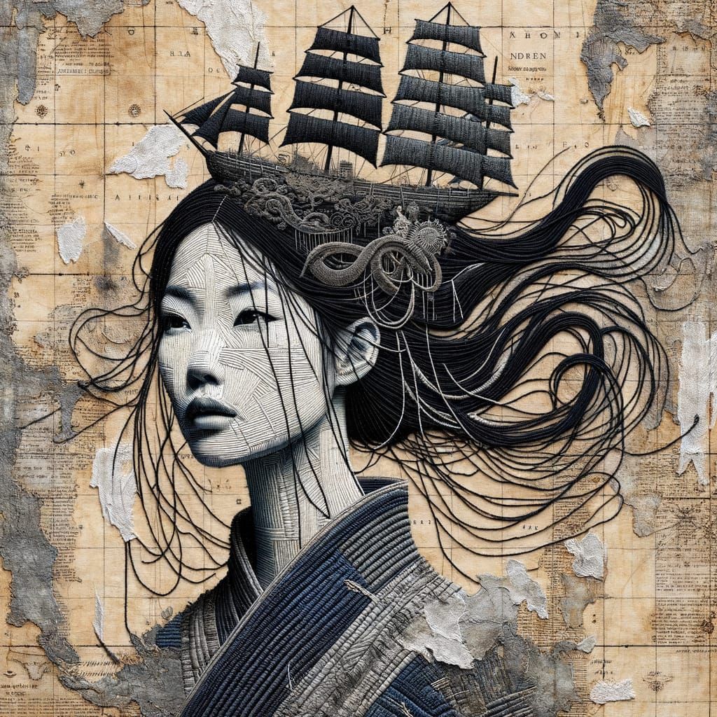 Asian Noble Navigator in Indigo-Dyed Fabric Portrait
