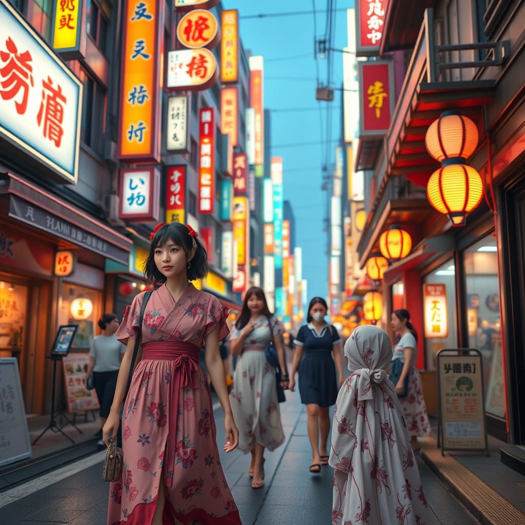 Hyper Realistic Tokyo Street Scene with Japanese Girls