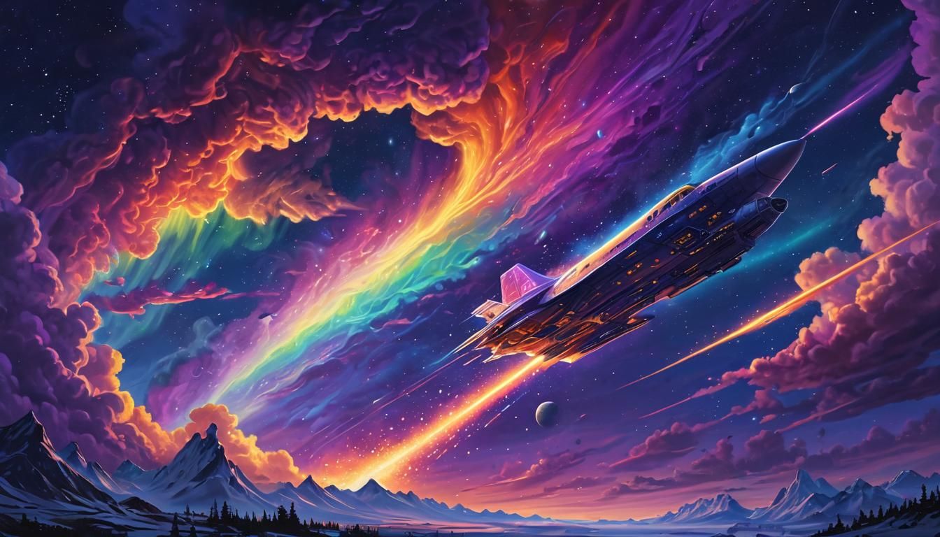 Spaceship Soaring Through Aurora Borealis: Oil Painting
