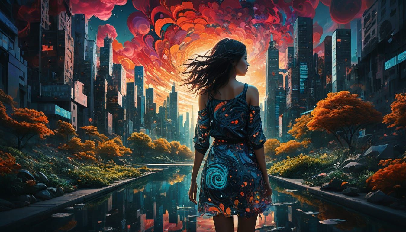 Determined Woman Emerges from Surreal Cityscape at Sunset