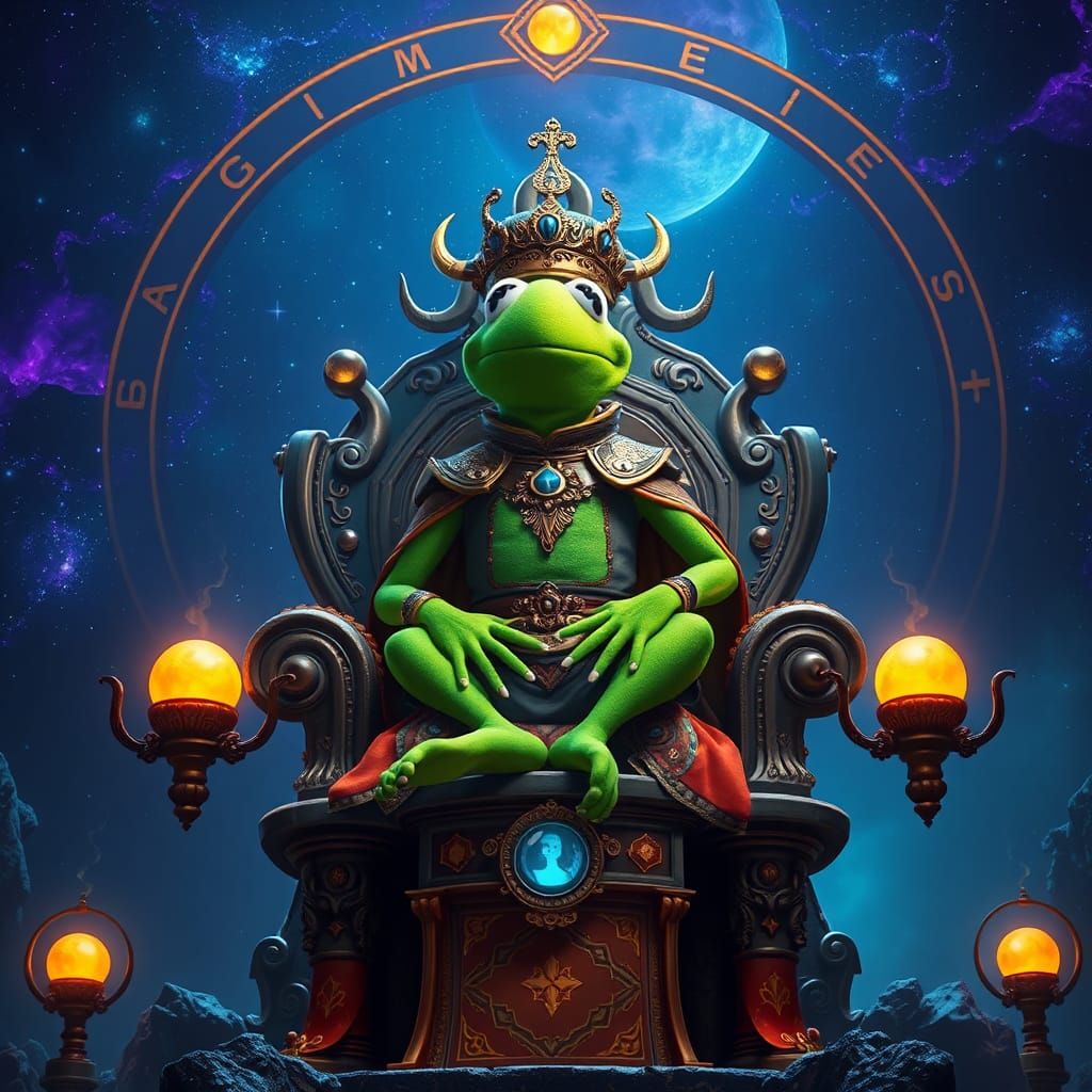 Evle Kermit on a Throne in Space