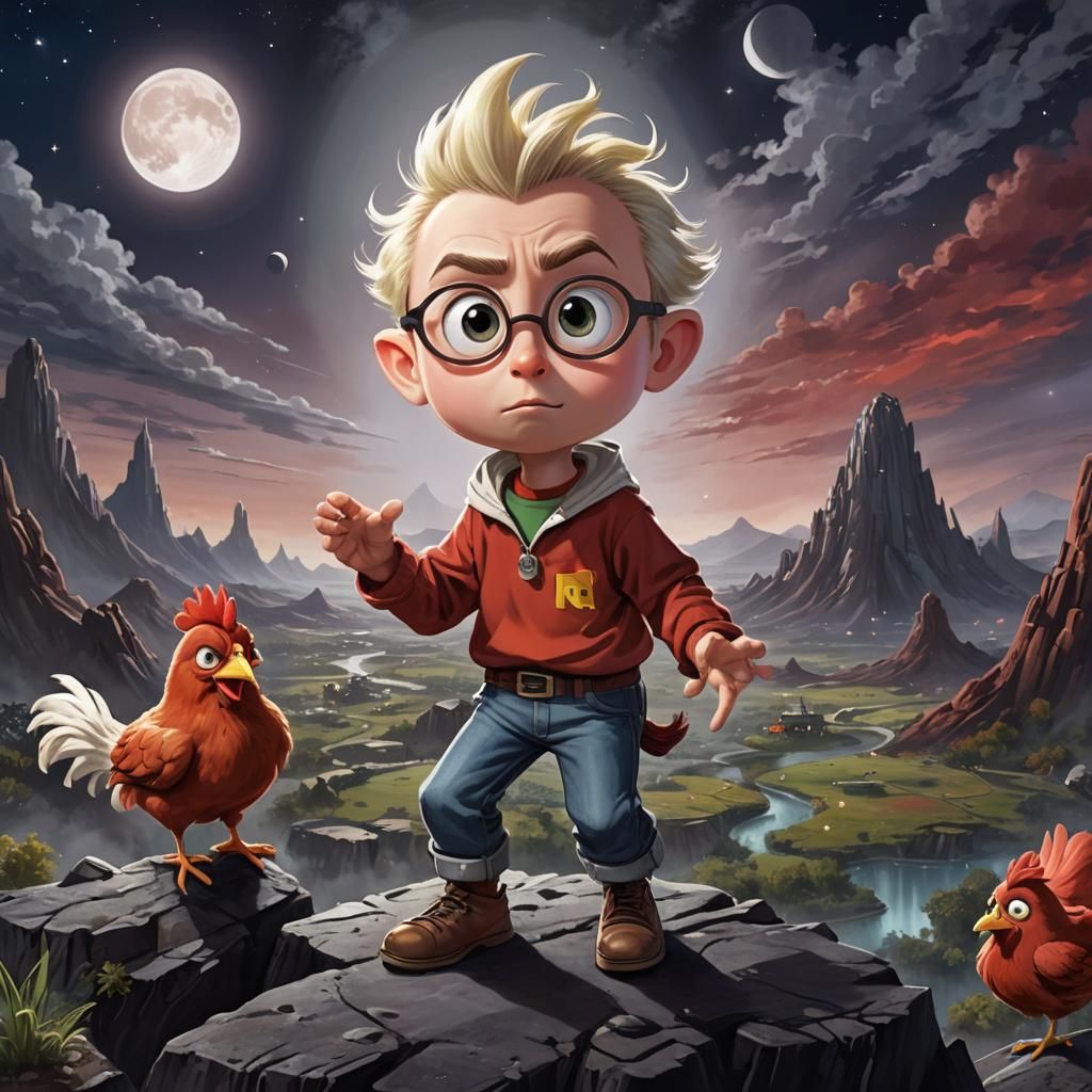 Captivating dark fantasy anime scene featuring the fusion of Disney's Chicken Little and Sheldon Cooper from The Big Ban...