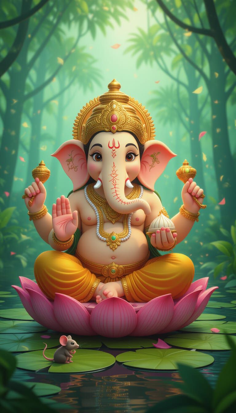 Ganesha on Lotus in Misty Forest: Pixar-Style 3D Anime Art
