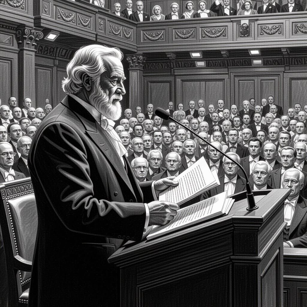Elder Statesman Delivers Final Speech in Charcoal Drawing St...