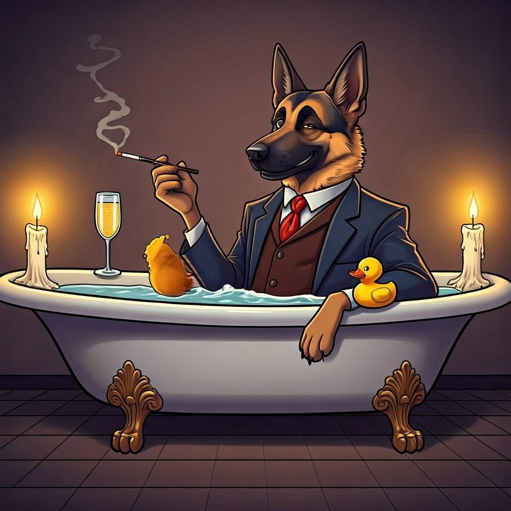A swarve looking cartoon German shepherd dog, taking a bath,...