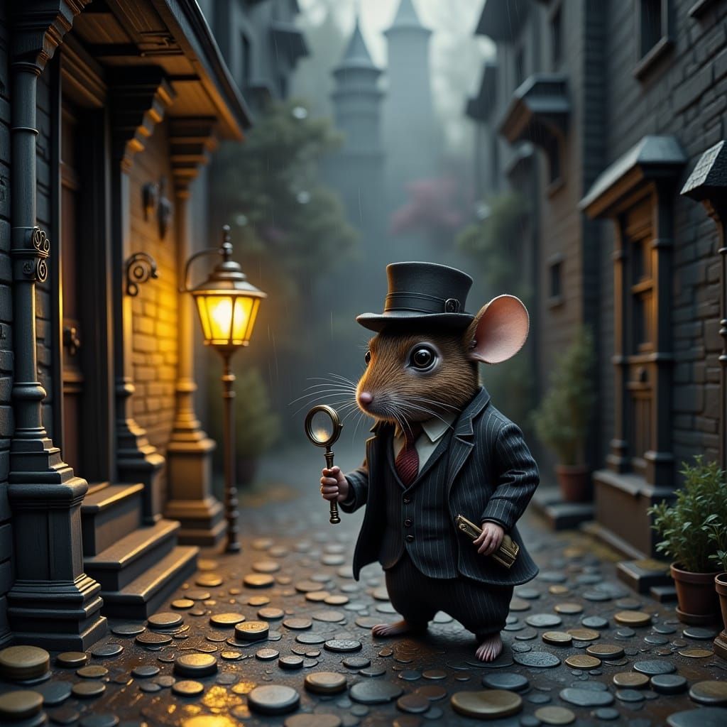 Dapper Mouse Detective in Noir Cityscape