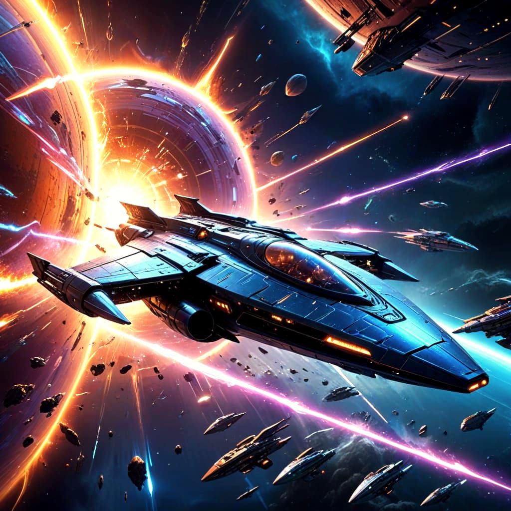 Vibrant Space Battle with Rainbow Energy Shields