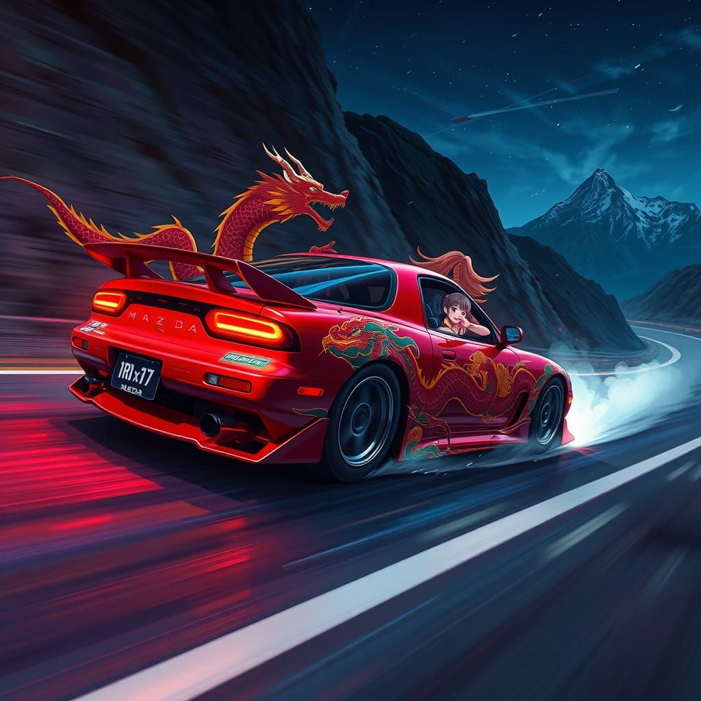 Red RX-7 Drifting with Dragon Livery, Anime Style