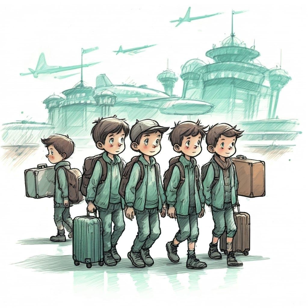 Boys Arrive at Airport: Pen, Ink, and Watercolor