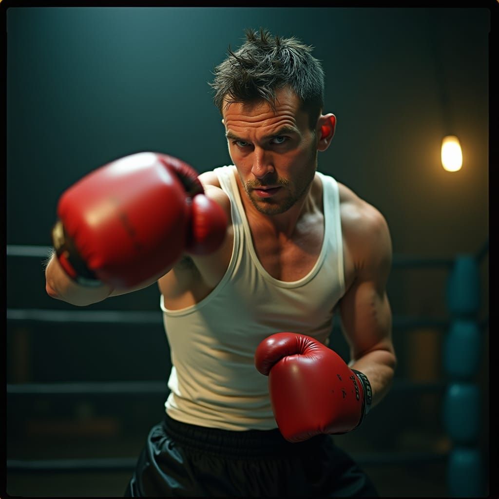 Intense Boxer Mid-Punch in Gritty Film Noir Style