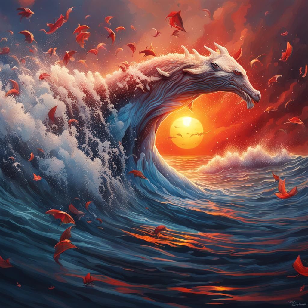 Hyperrealistic Blood Sea with Lilies at Sunset