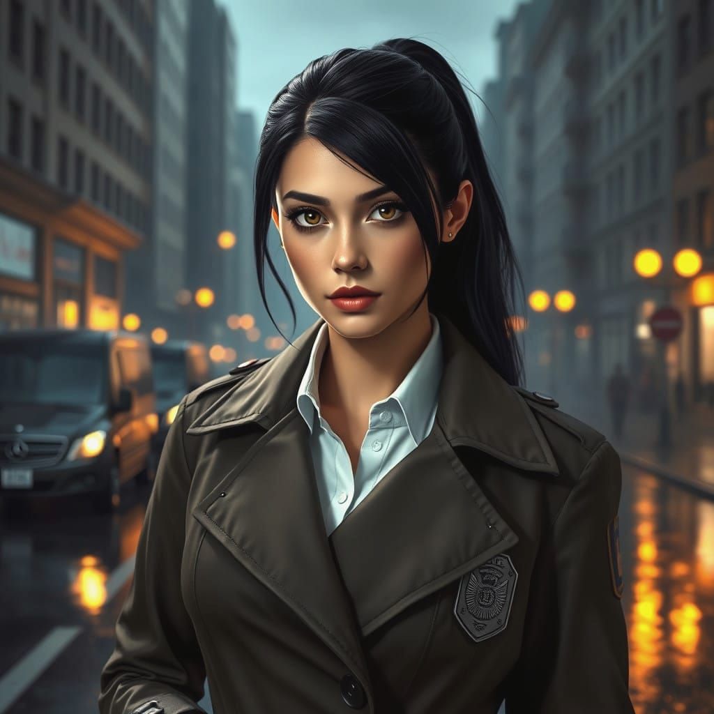 Glamorous Dark-haired Female Police Officer in Raincoat