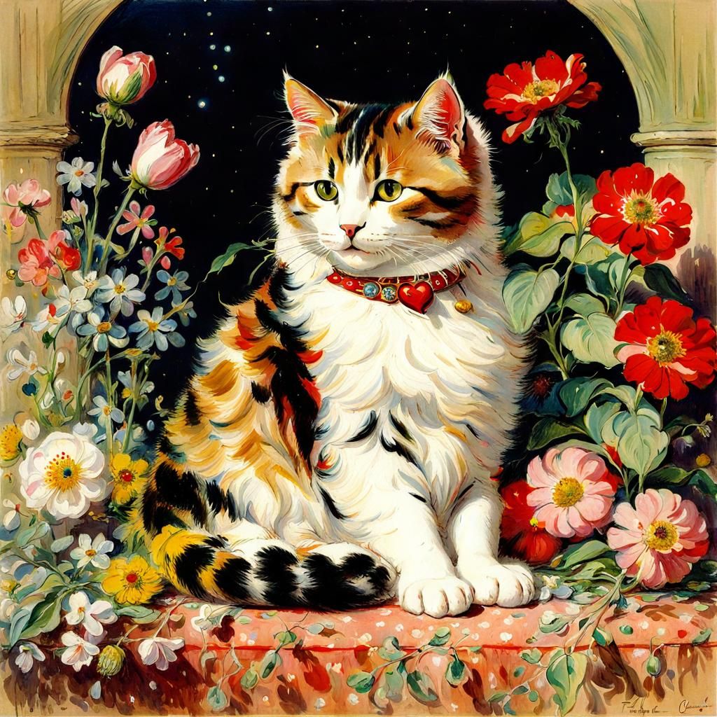 Cute Cat with Flowers in Orientalist Style