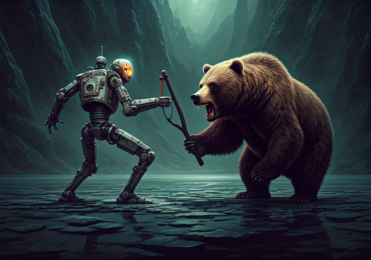 Time-Worn Robot Battles Grizzly Bear in Cyberpunk Epic