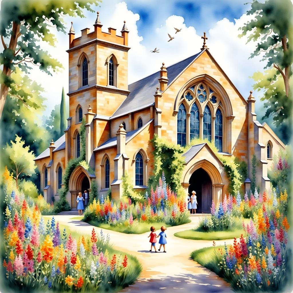 Gothic Revival Church in Vibrant Countryside Bloom