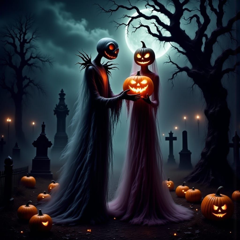 Gothic Jack Skellington and Sally in Haunted Graveyard