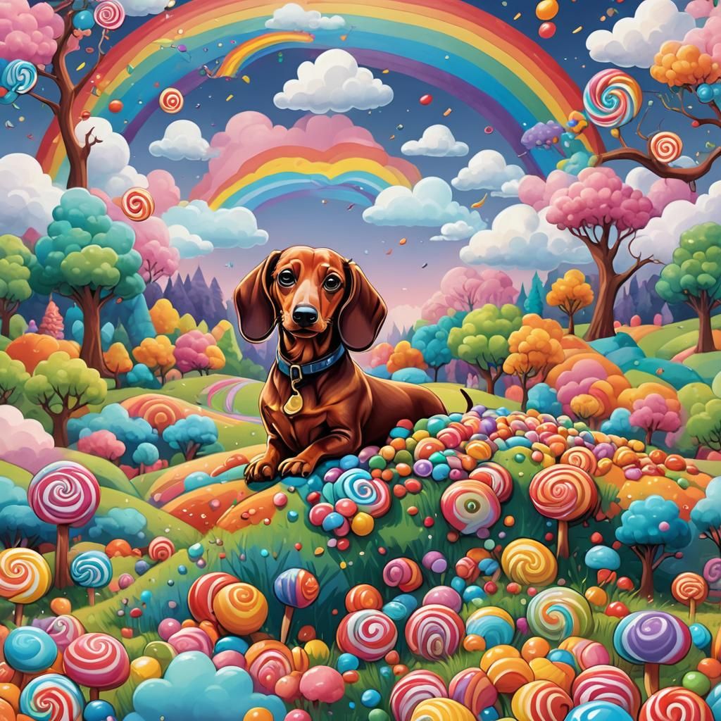 Cartoon Dachshund in Candy Landscape: Digital Illustration