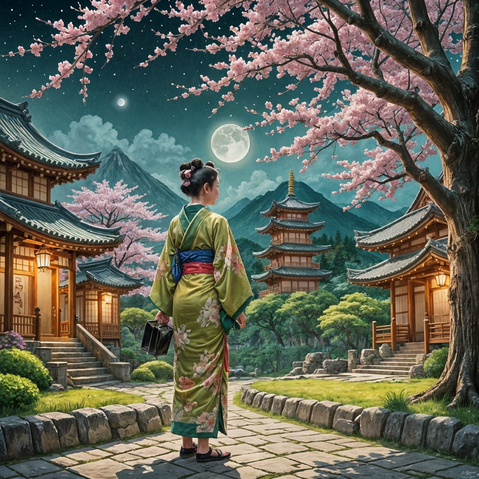 Mujina Appears in Japanese Village, Gouache Style