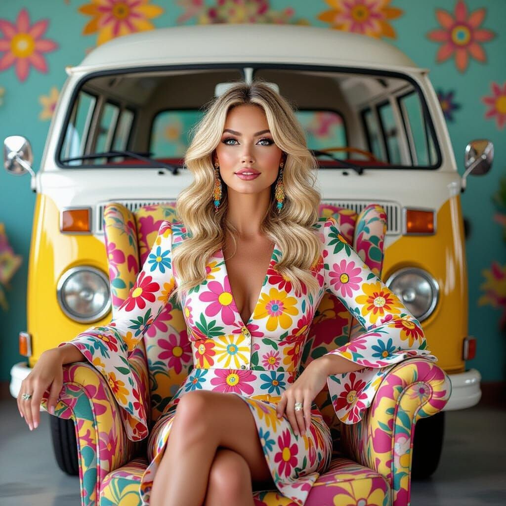 Woman in Flower Power Dress at Retro Party