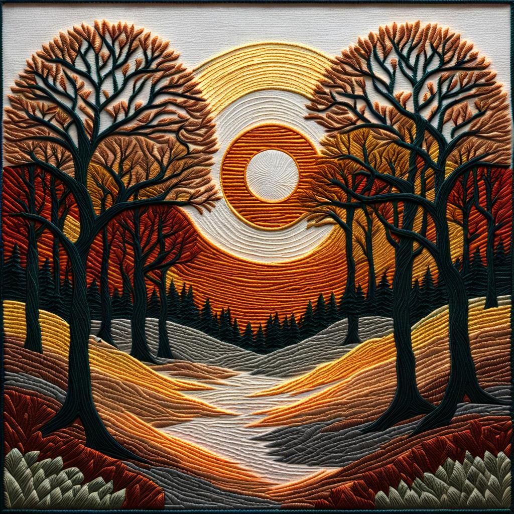 Embroidered Sunrise Over Leafless Forest in Crewel Style