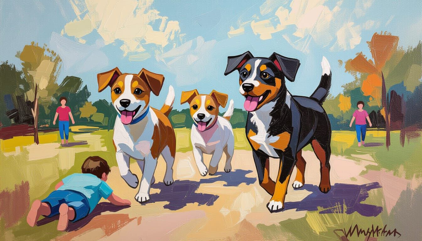 Anthropomorphic Dogs in a Human Park, Impasto Painting