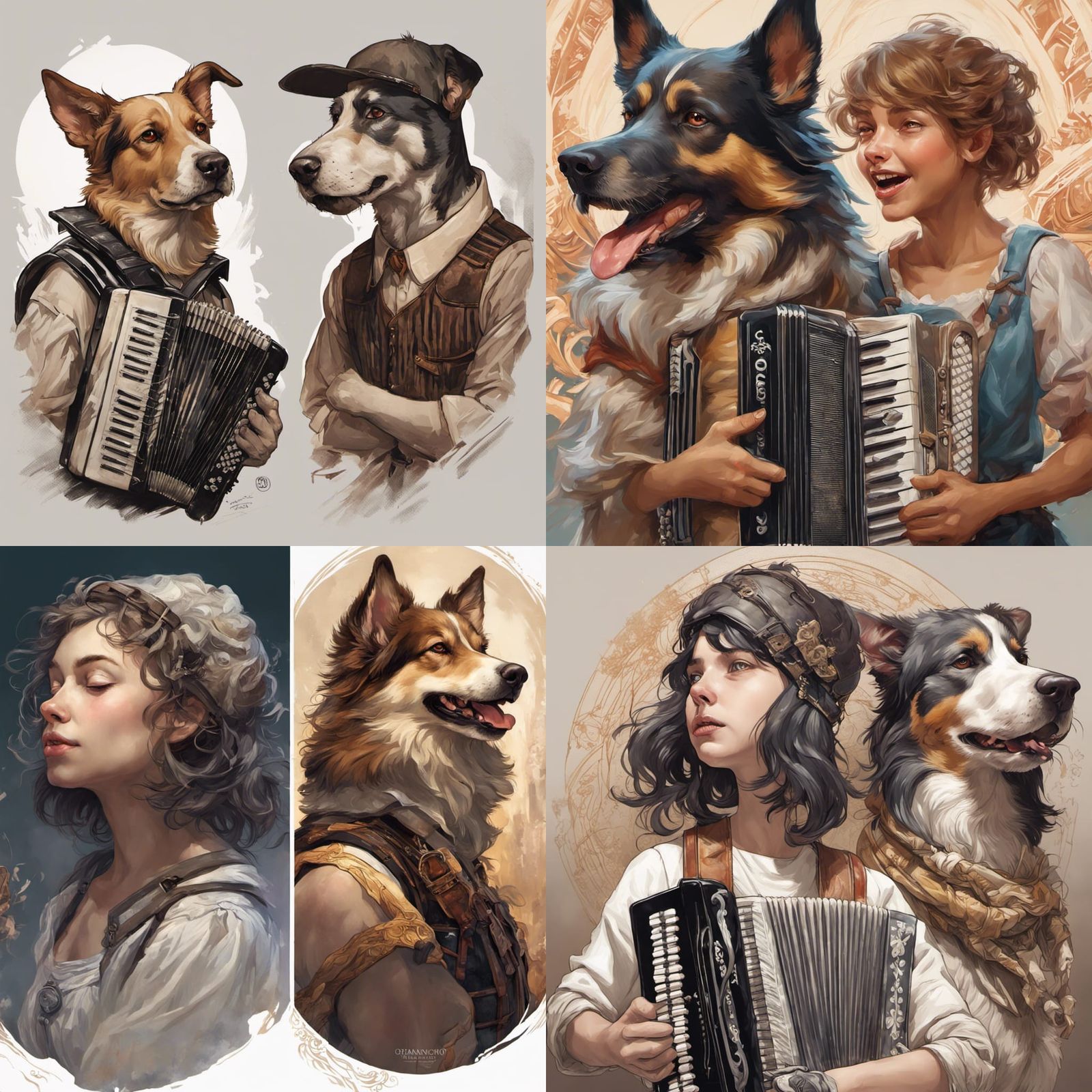 Dogs, Accordion, and Person: Detailed Art Portrait