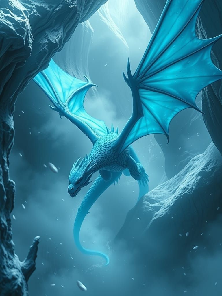 Blue Dragon Soaring Through Icy Caverns