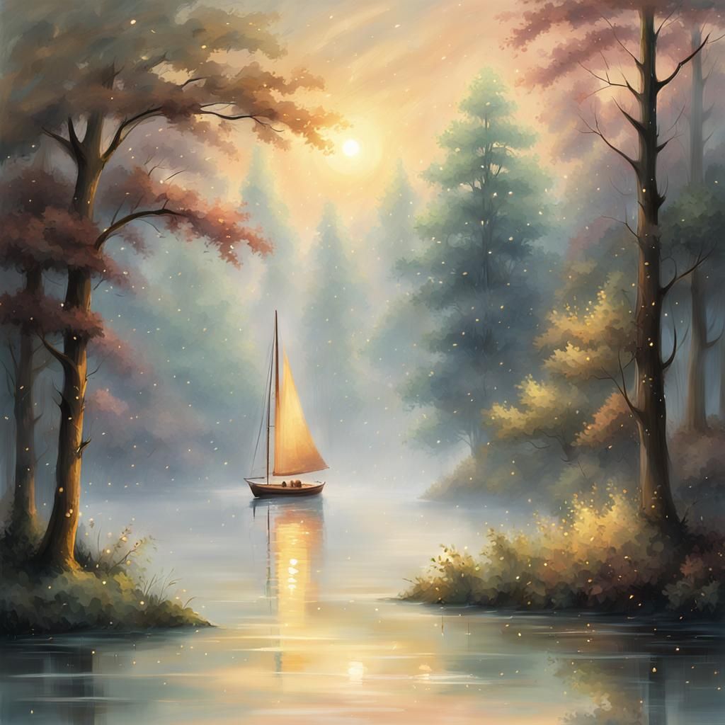 Ethereal Misty Lake at Dawn in Kinkade Style
