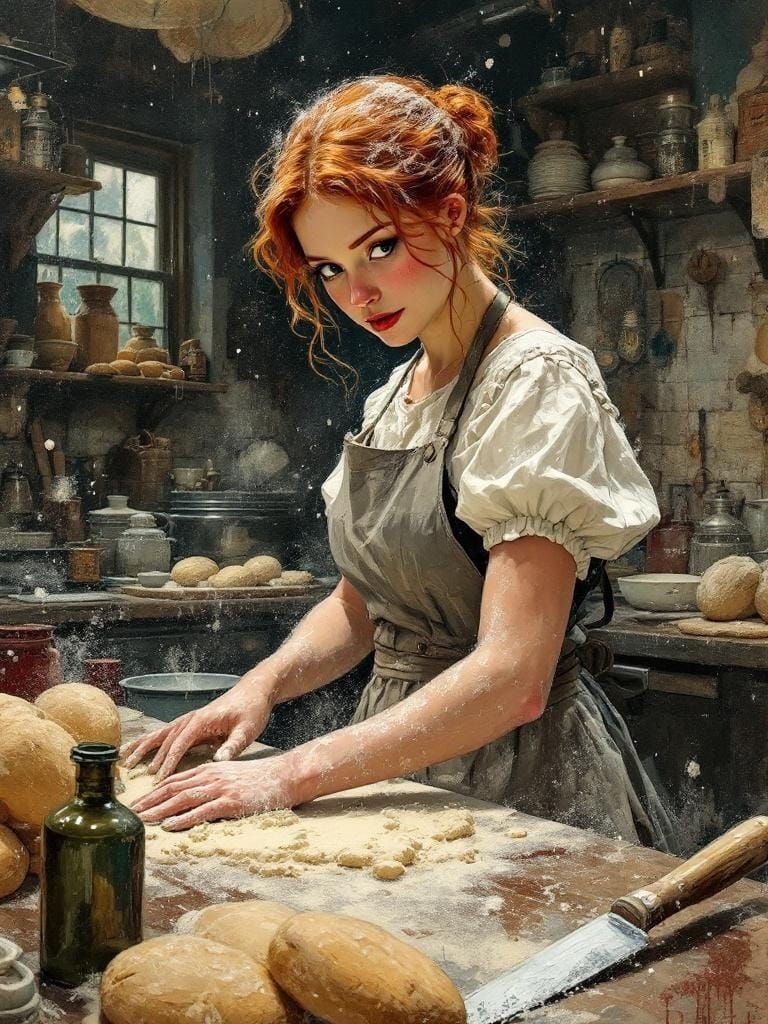 Redhead Baker Kneading Dough in Renaissance Kitchen