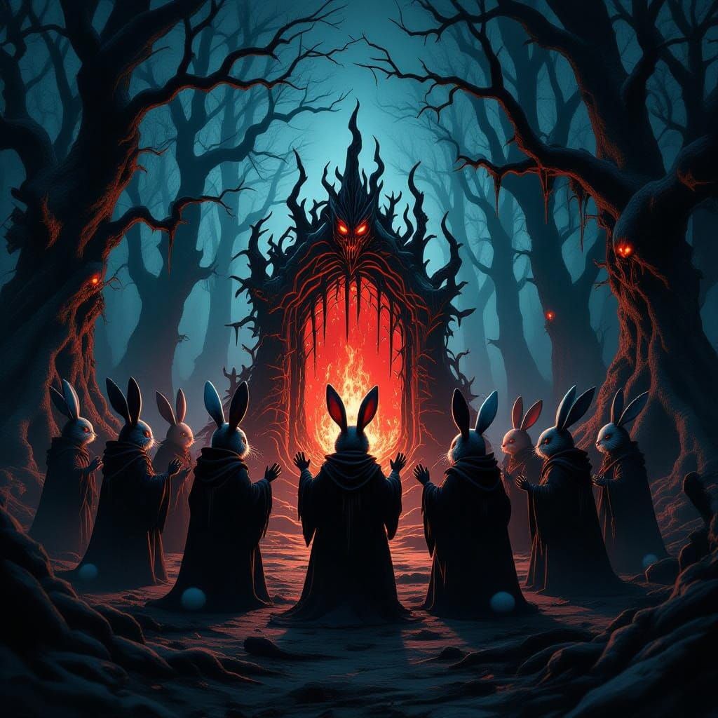 Evil rabbits worshipping Satan in the blood covered woods