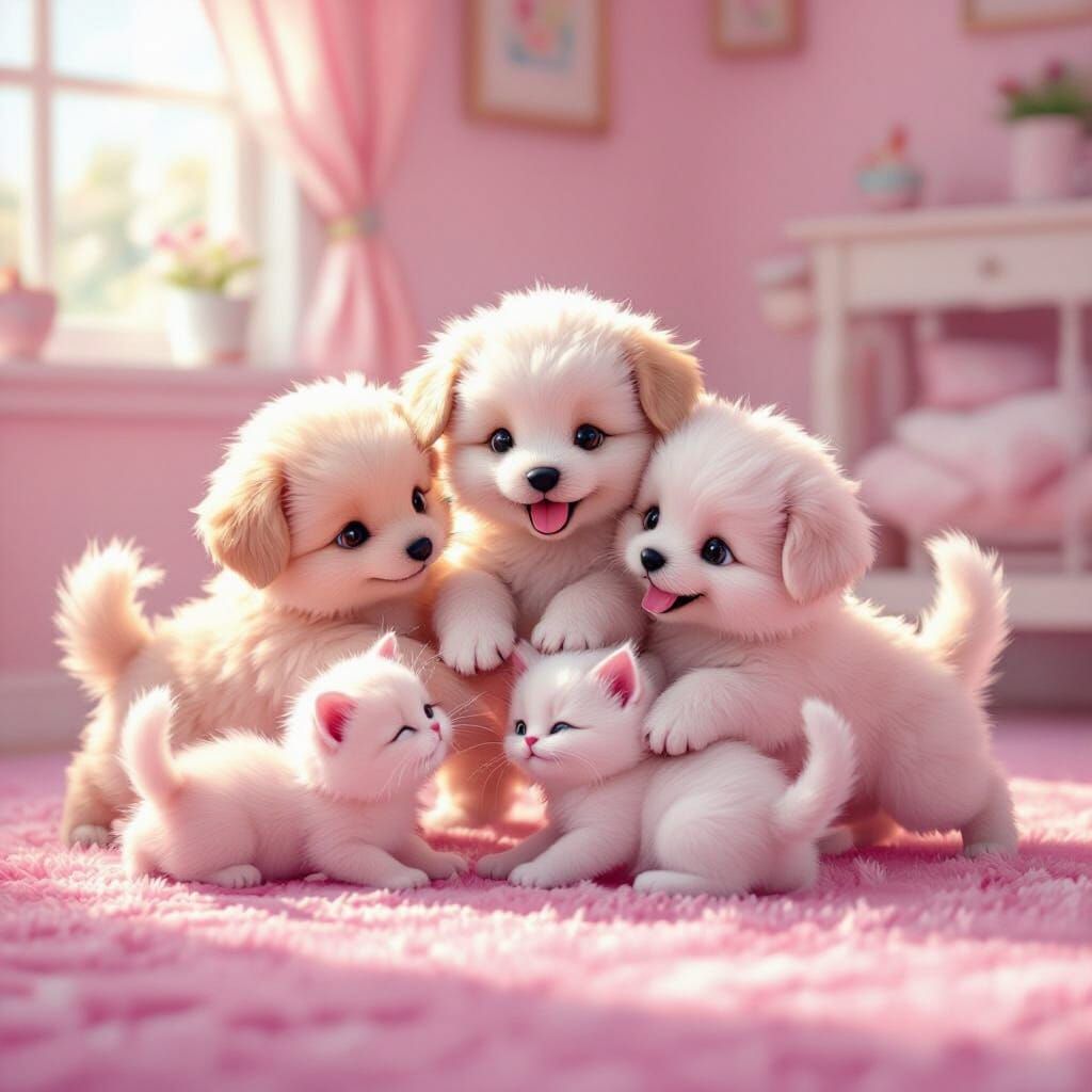 Fluffy Pink Puppies and Kittens Play in a Vibrant Room
