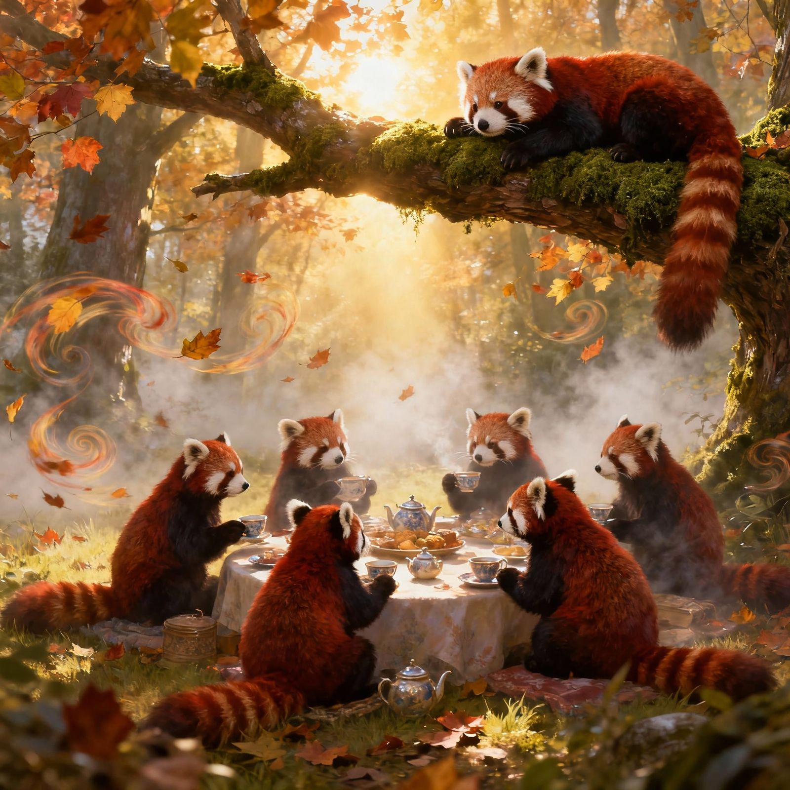 Red Pandas Enjoy Forest Tea Party in Ethereal Light