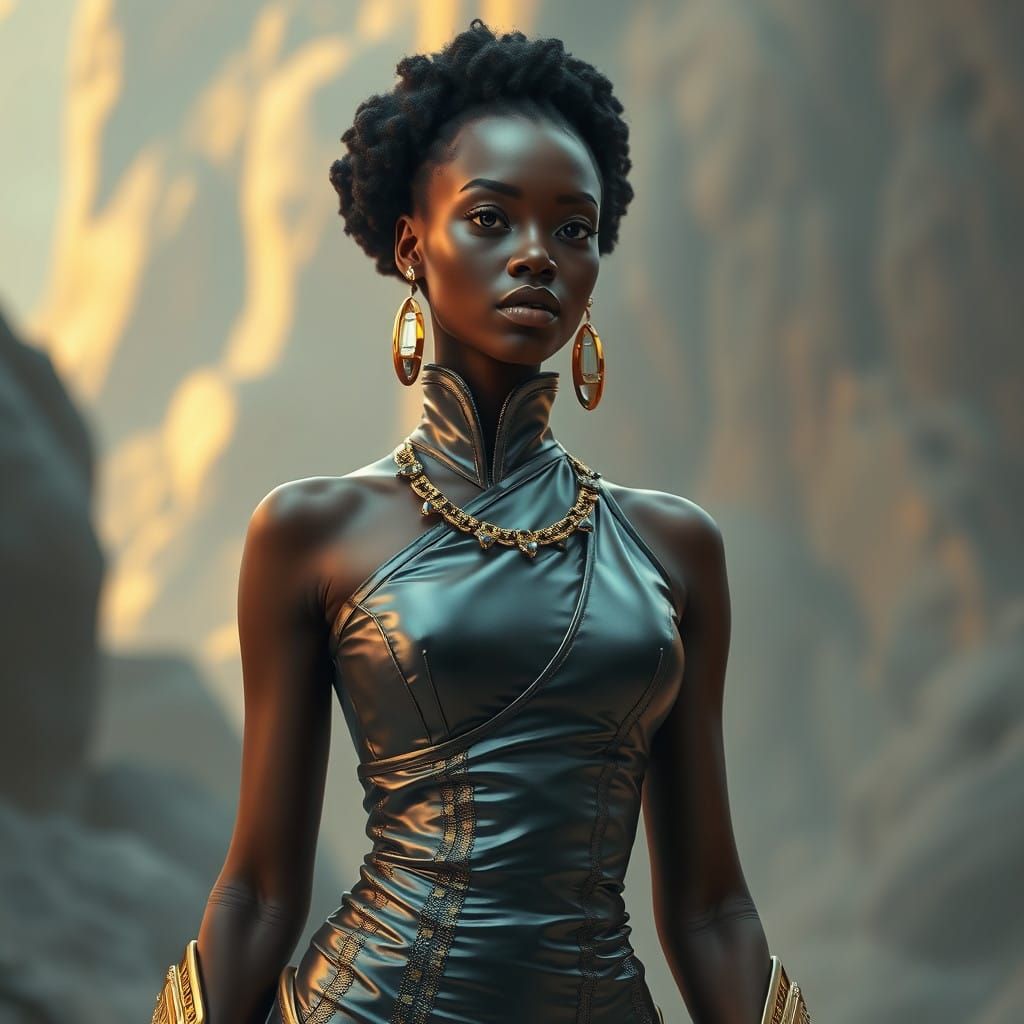 Afrofuturistic Goddess in Celestial Metallic Gown