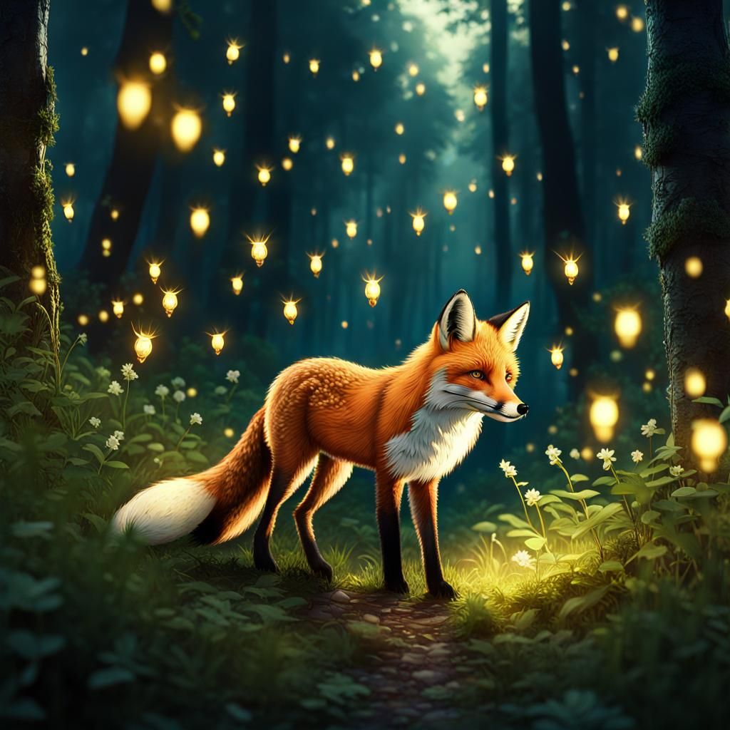 Fox in Firefly Forest: Moody Cinematic Illustration