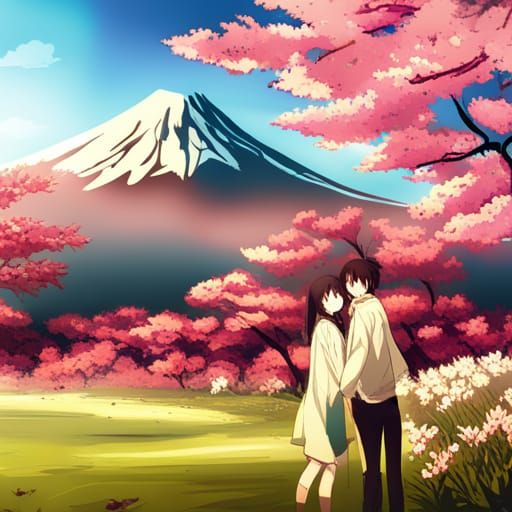 Cherry Blossoms and Mount Fuji in Anime Style