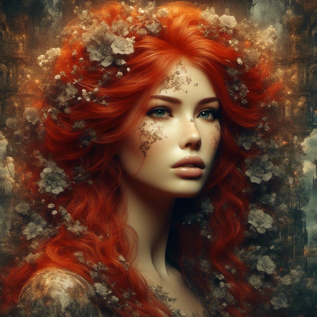 Irish Woman Portrait with Neon Village Background