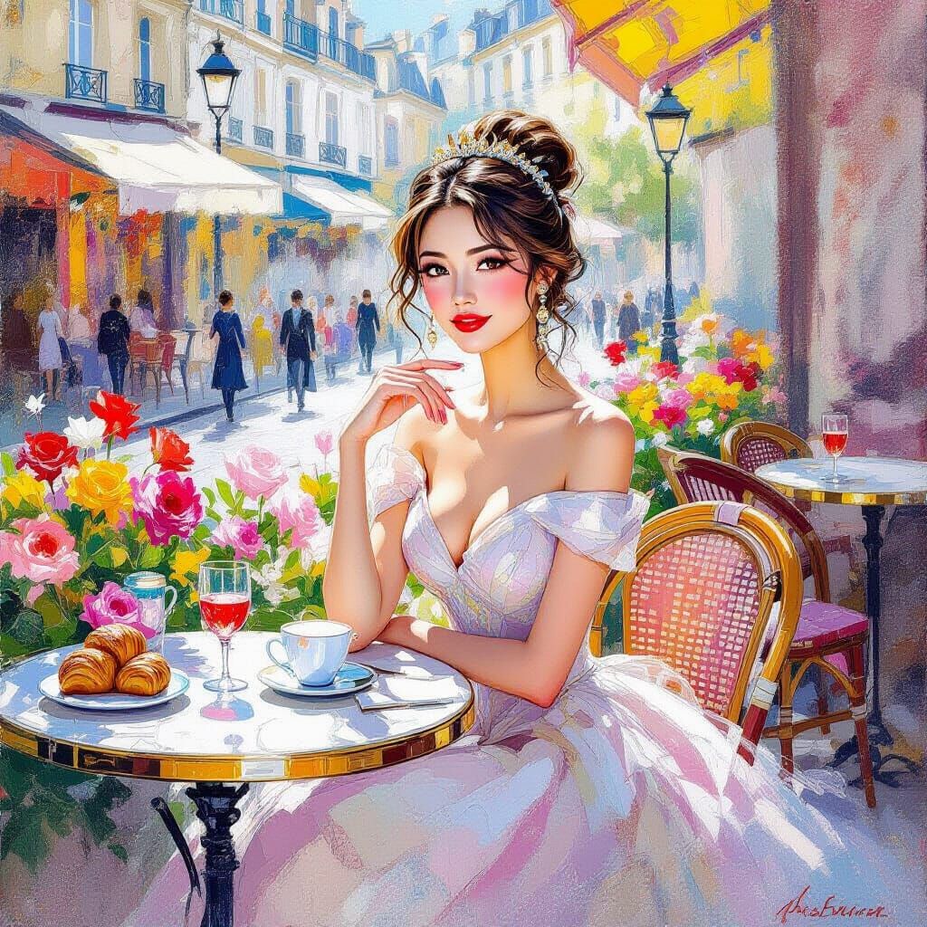 Princess Akemi at Paris Cafe, Impressionist Style