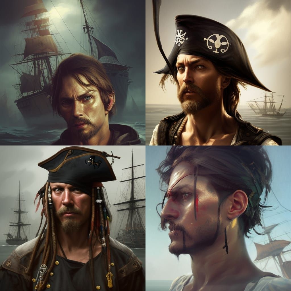 Hyperrealistic Pirate Portrait with Black Flag