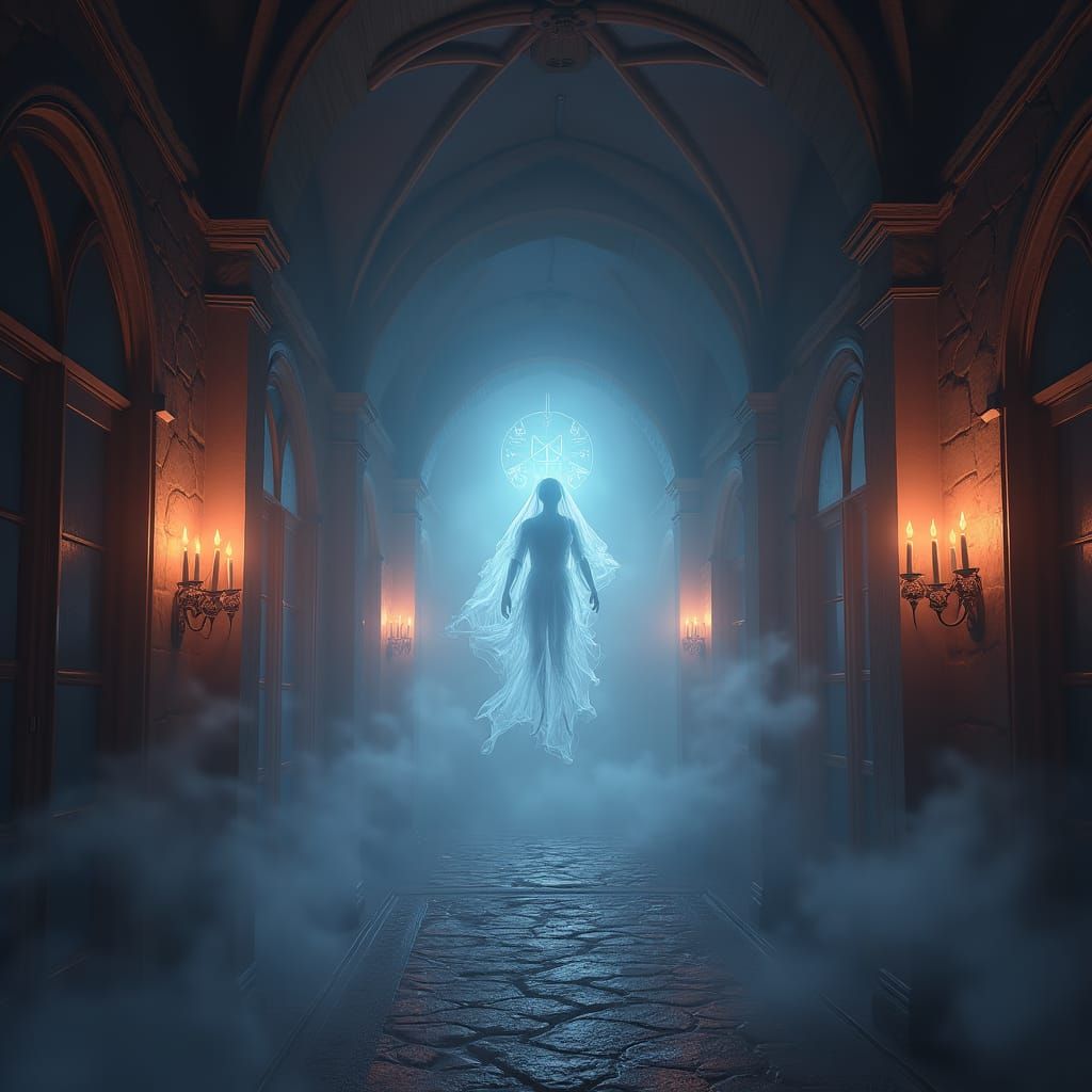 Ethereal Ghost in Mystical Gothic Hallway