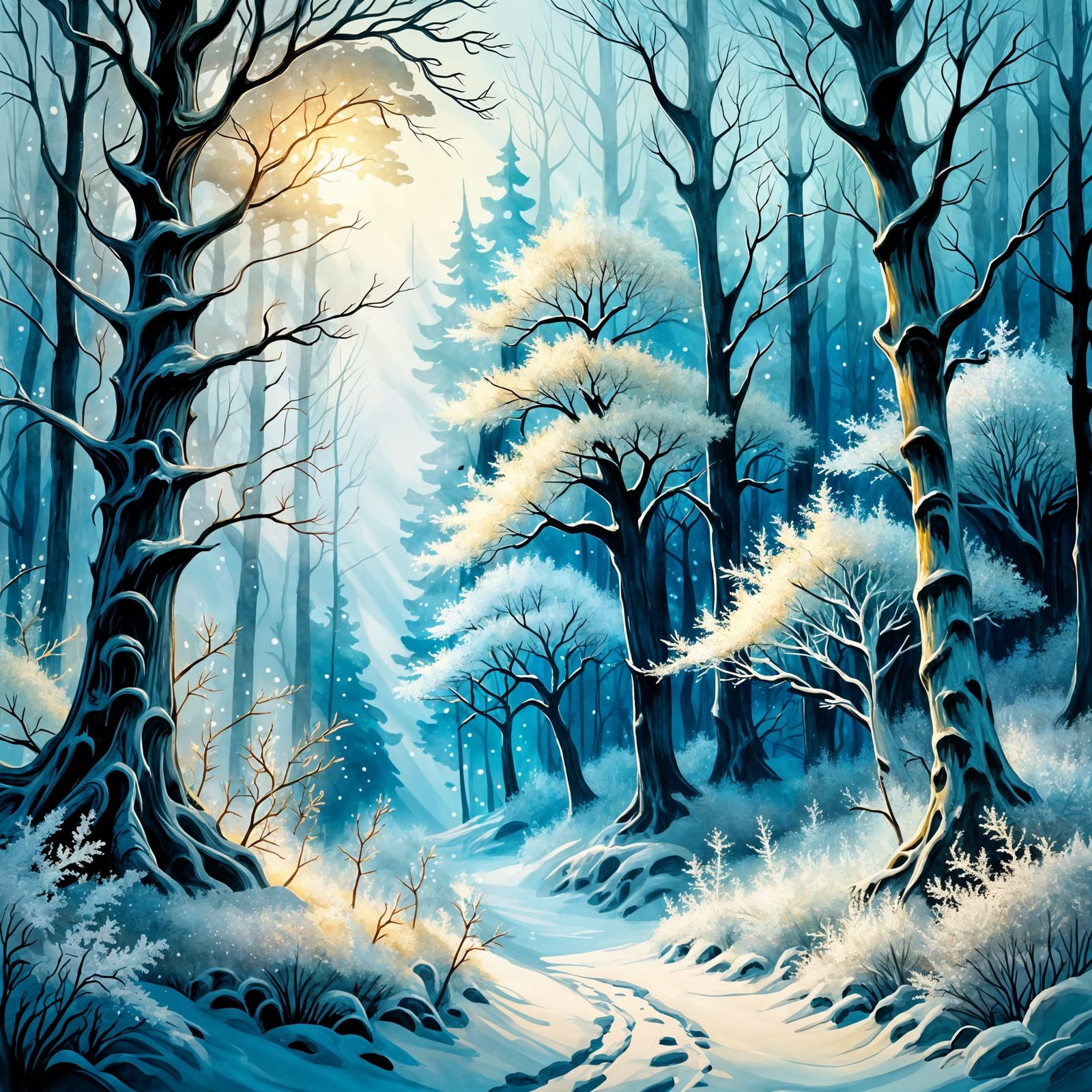 Magical Frost Forest in Rackham and Kinkade Style
